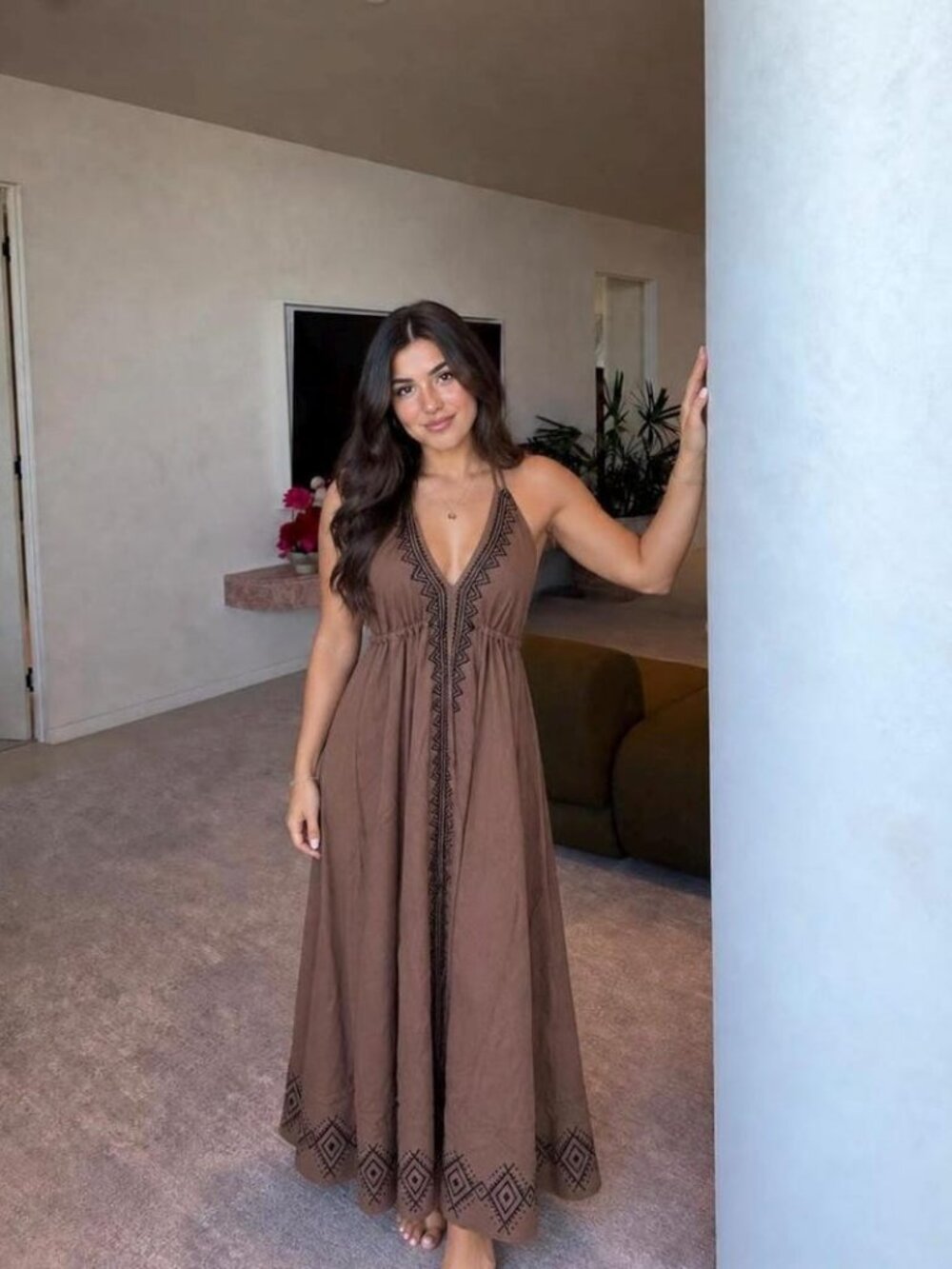 Thearah Light Brown Organic Cotton Embroidered Halter Maxi Dress, V Neck